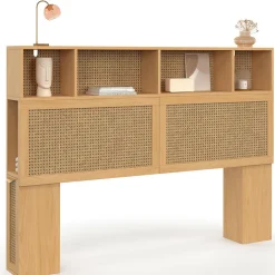 Tête de lit avec rangements fermés et niches cannage et bois 145cm