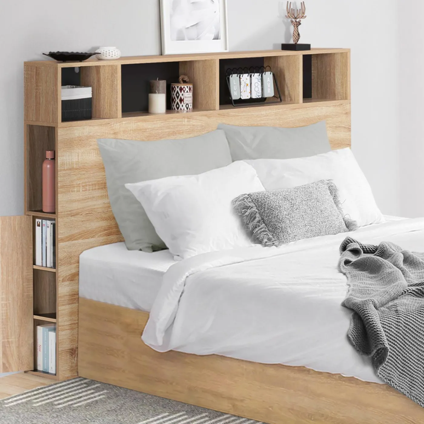 Tête de lit avec rangement intégré bois façon hêtre et noir 165 cm