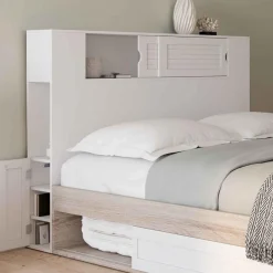 Tête de lit blanche 145 cm avec rangements fermés et niches