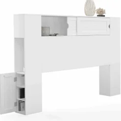 Tête de lit blanche 145 cm avec rangements fermés et niches