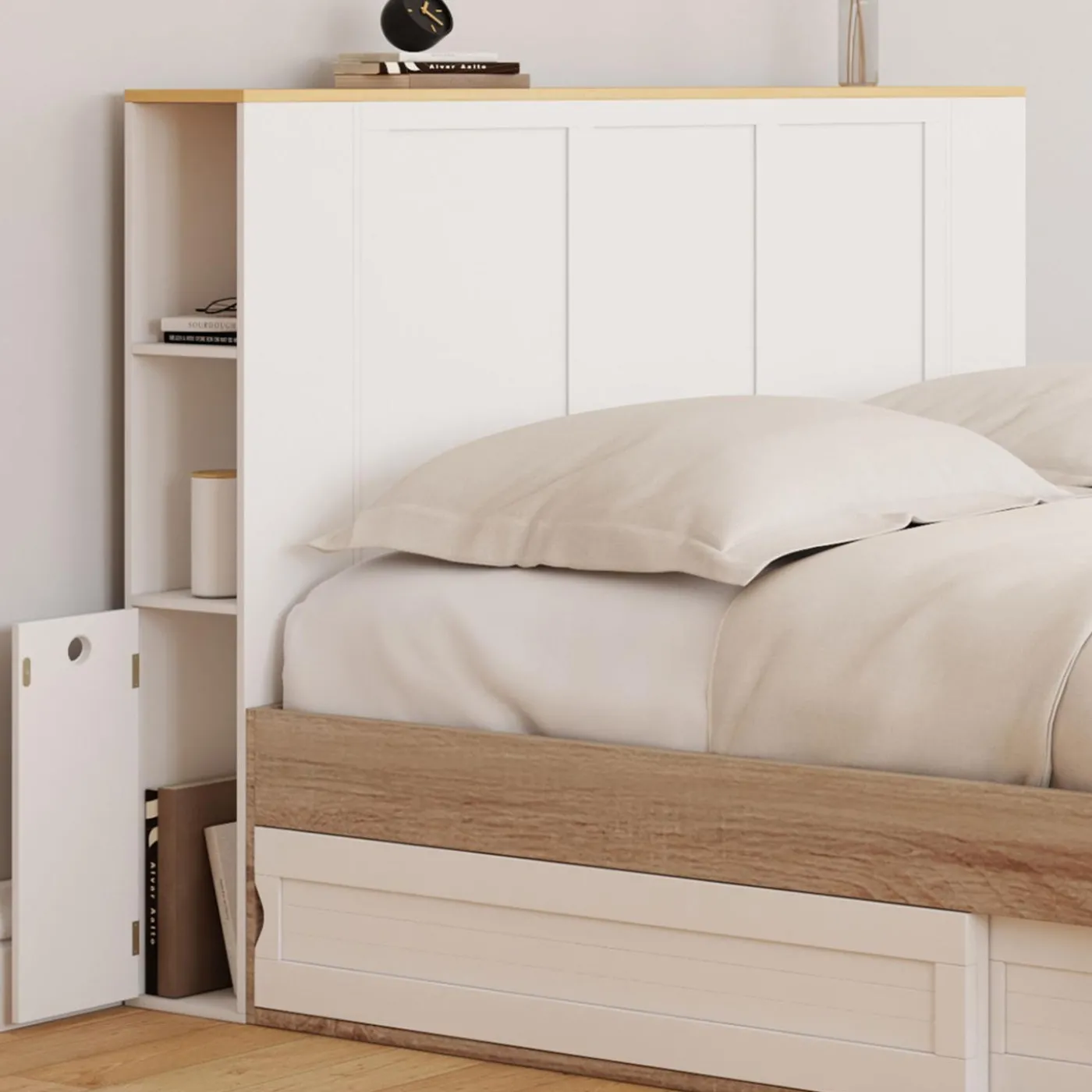 Tête de lit blanche sur pied avec plateau bois