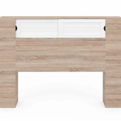 Tête de lit bois et blanc 145 cm avec rangements fermés et niches