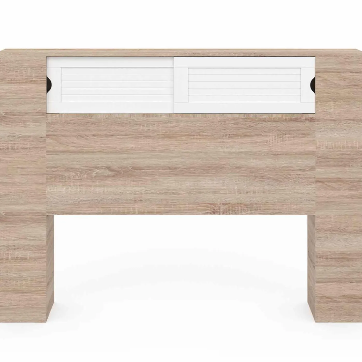 Tête de lit bois et blanc 145 cm avec rangements fermés et niches