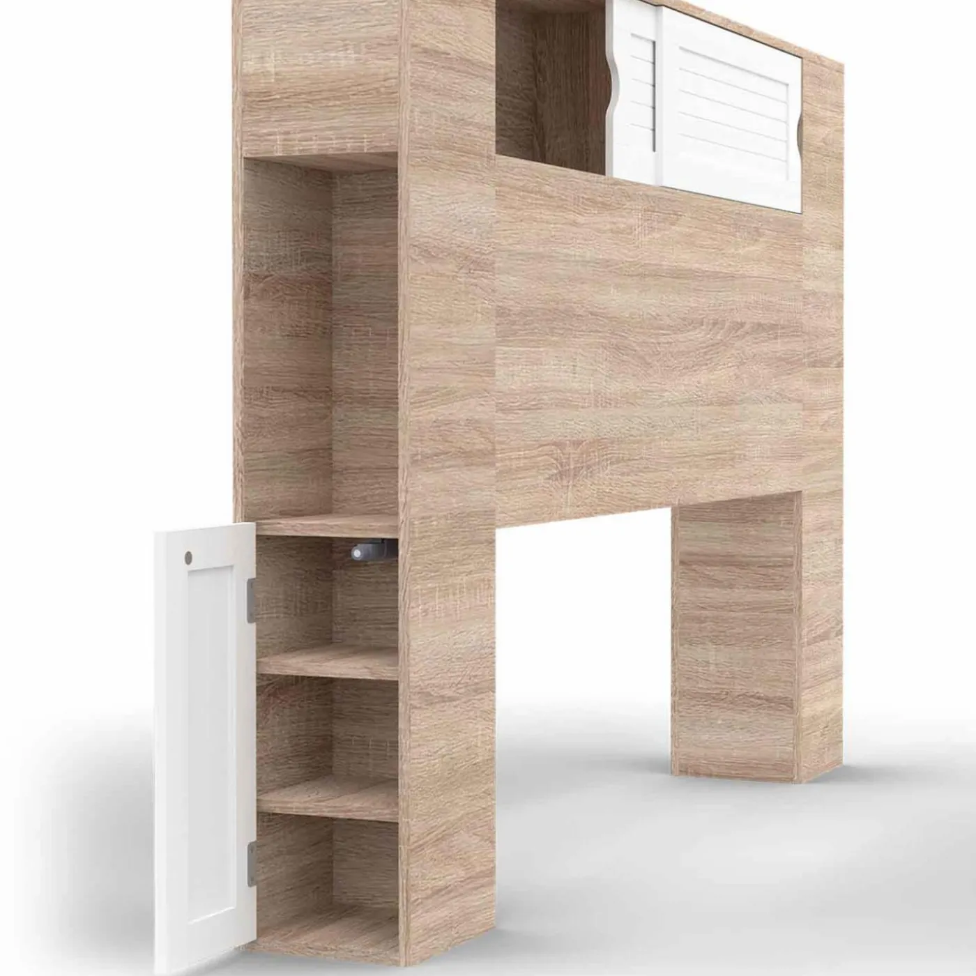Tête de lit bois et blanc 145 cm avec rangements fermés et niches