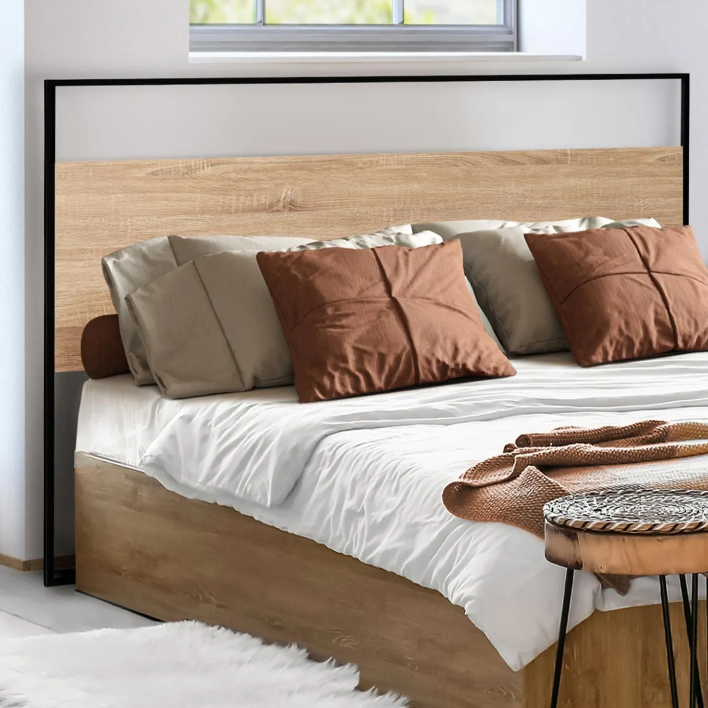 Tête de lit industrielle 145 cm bois et métal noir