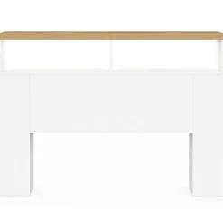 Tête de lit sur pied à LED avec plateau bois 145 cm rangements et niches blanches