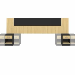 Tête de lit sur pied bois et noir avec chevets modulables