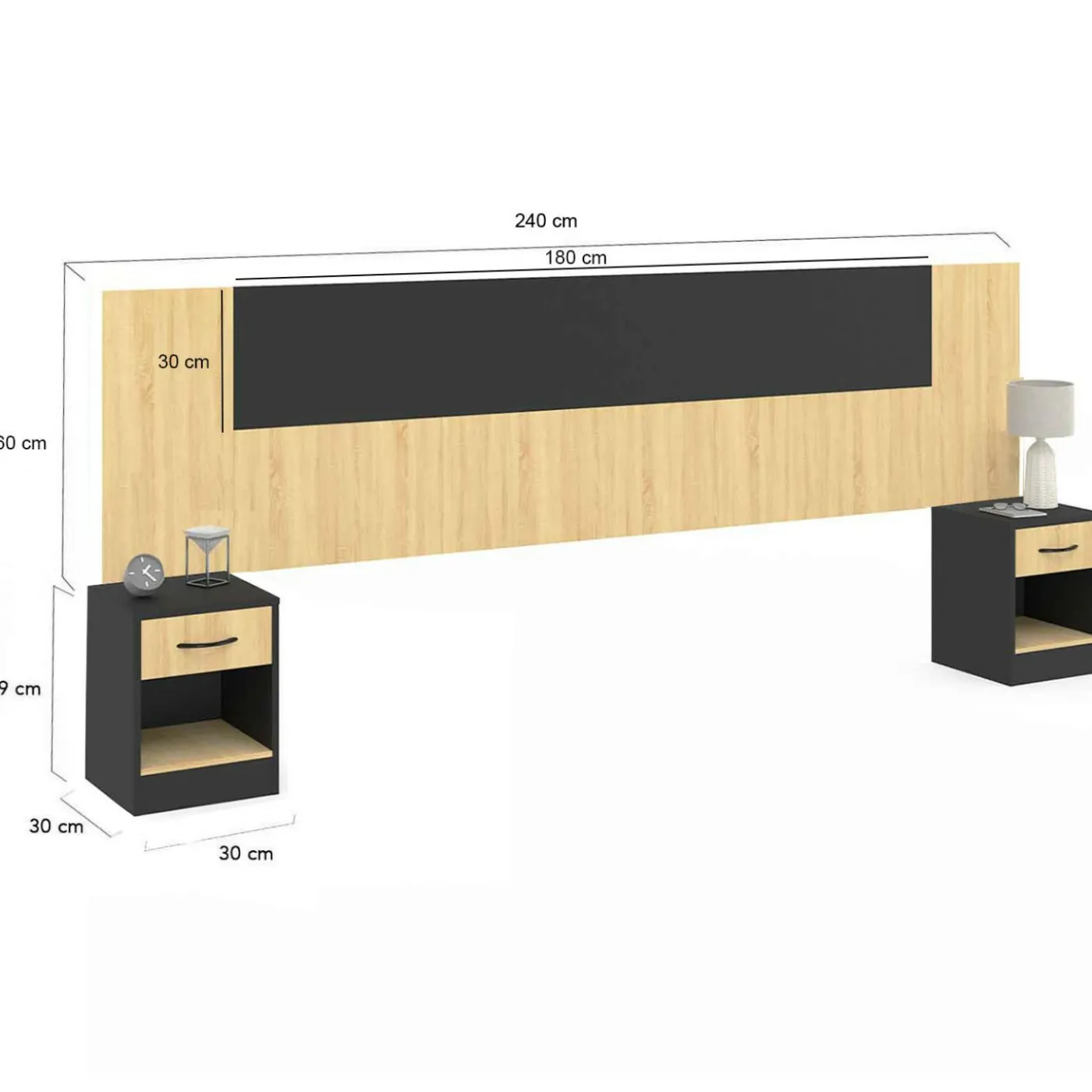 Tête de lit sur pied bois et noir avec chevets modulables