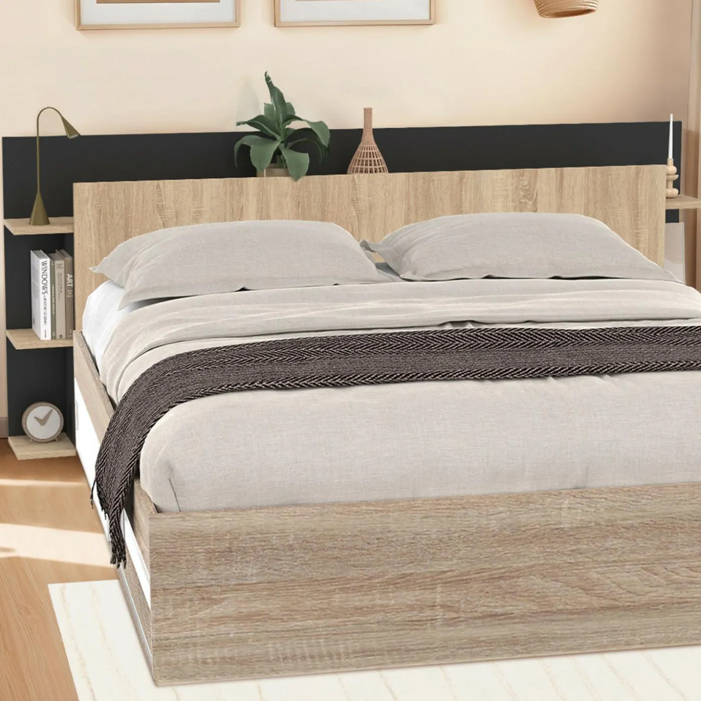 Tête de lit sur pied bois et noir avec rangement pour lit 140-160 cm