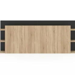 Tête de lit sur pied bois et noir avec rangement pour lit 140-160 cm