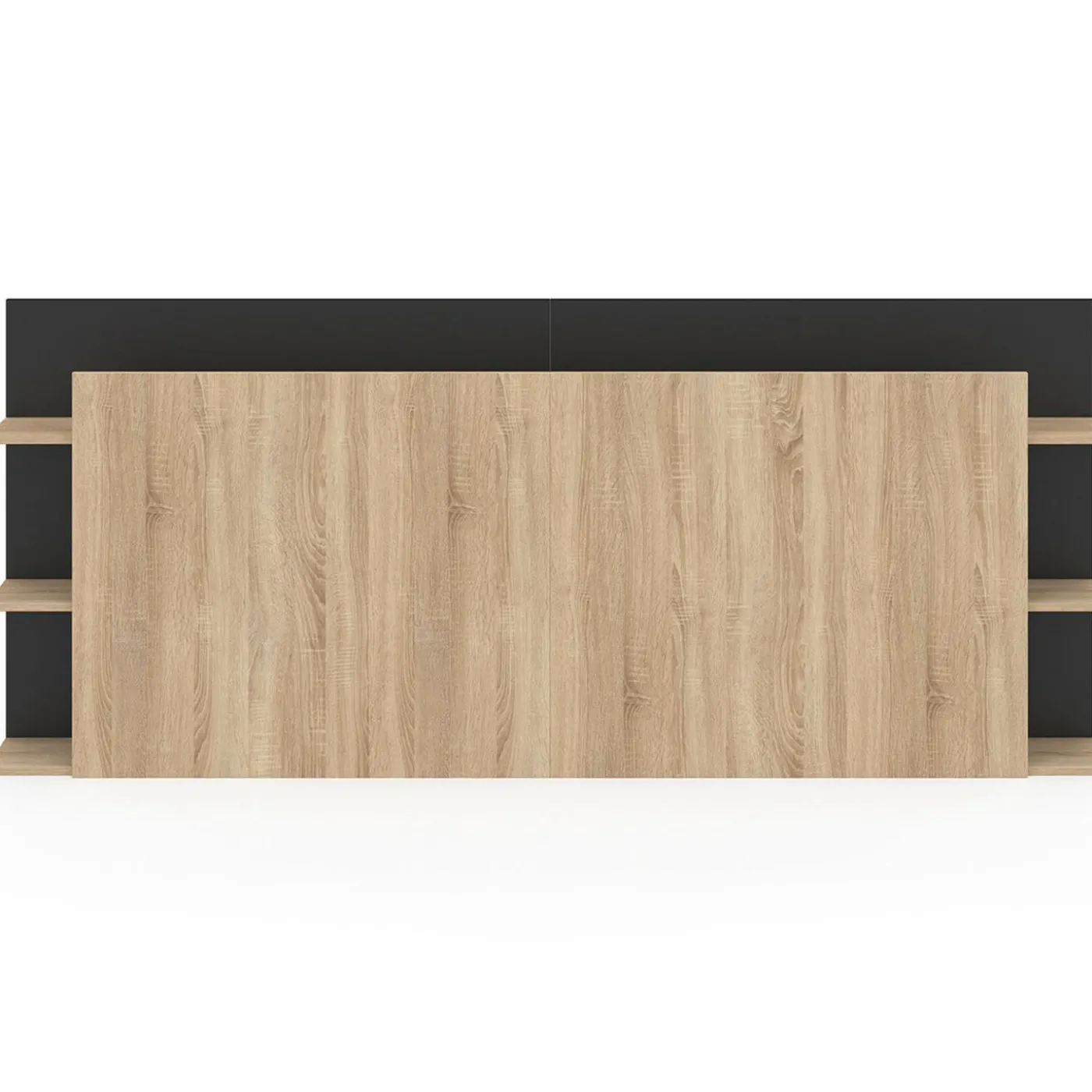 Tête de lit sur pied bois et noir avec rangement pour lit 140-160 cm