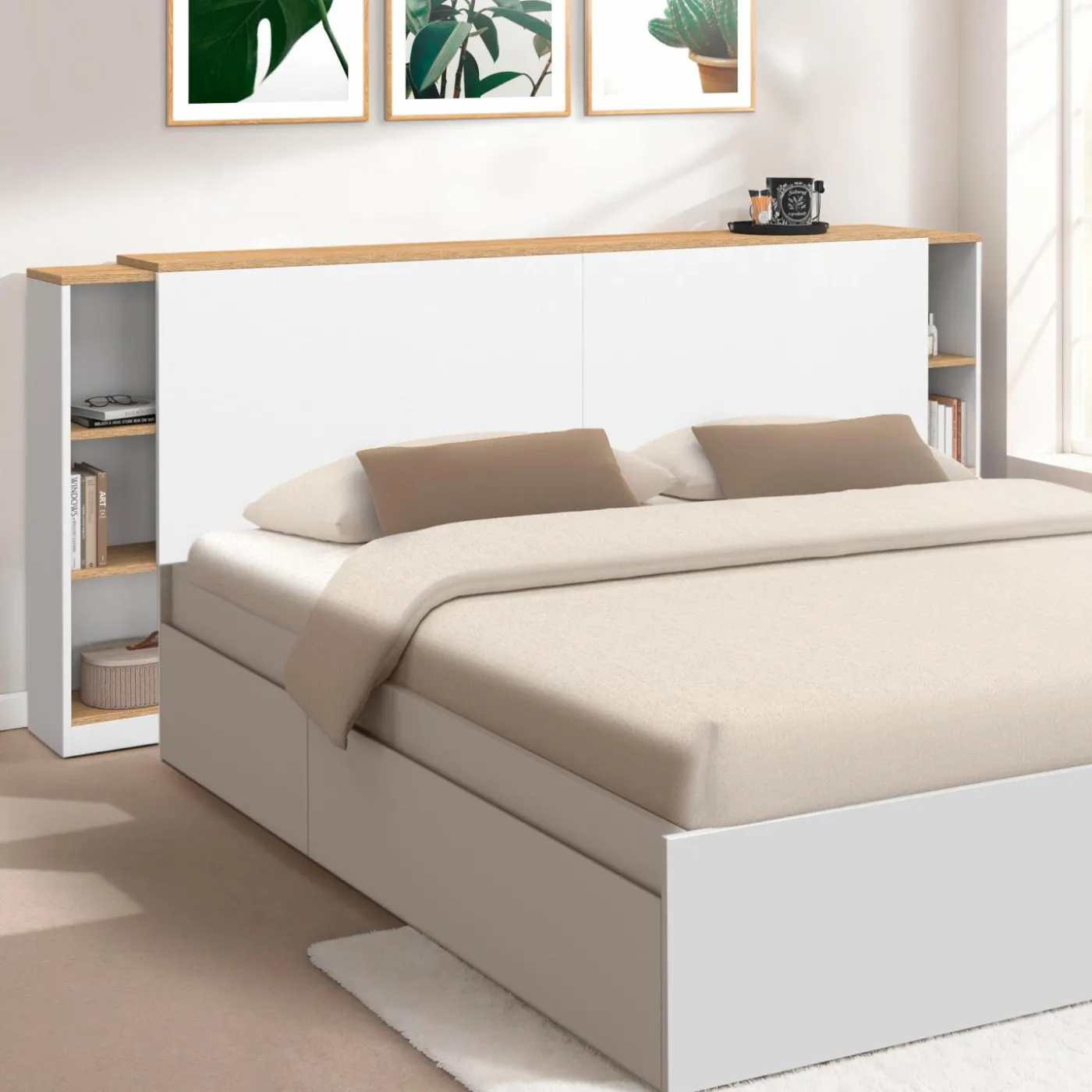 Tête de lit sur pied extensible blanc et façon bois avec chevets