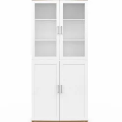 Vaisselier buffet haut 176 cm avec 4 portes et étagères blanc et bois