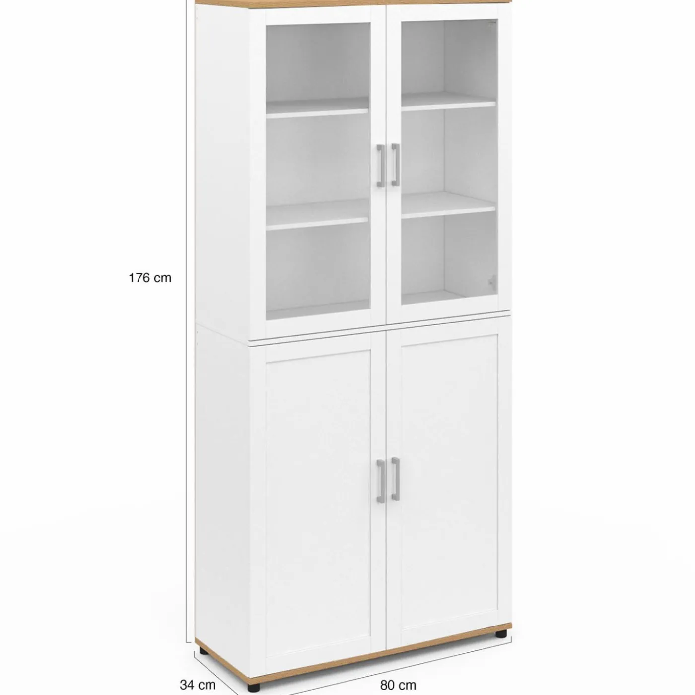 Vaisselier buffet haut 176 cm avec 4 portes et étagères blanc et bois