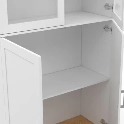 Vaisselier buffet haut 176 cm avec 4 portes et étagères blanc et bois