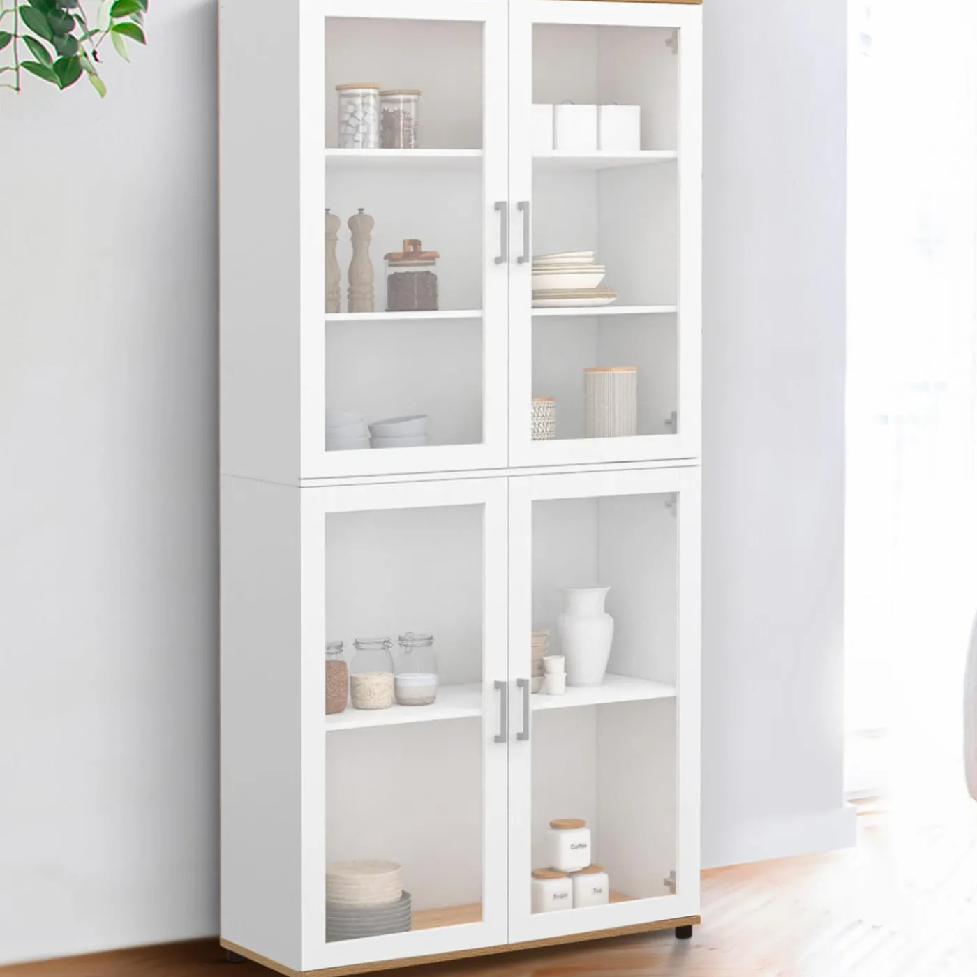 Vaisselier buffet haut 176 cm avec 4 portes vitrées blanc et bois