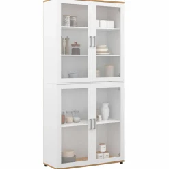 Vaisselier buffet haut 176 cm avec 4 portes vitrées blanc et bois