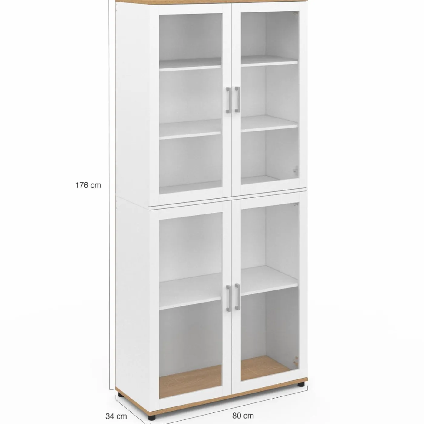 Vaisselier buffet haut 176 cm avec 4 portes vitrées blanc et bois