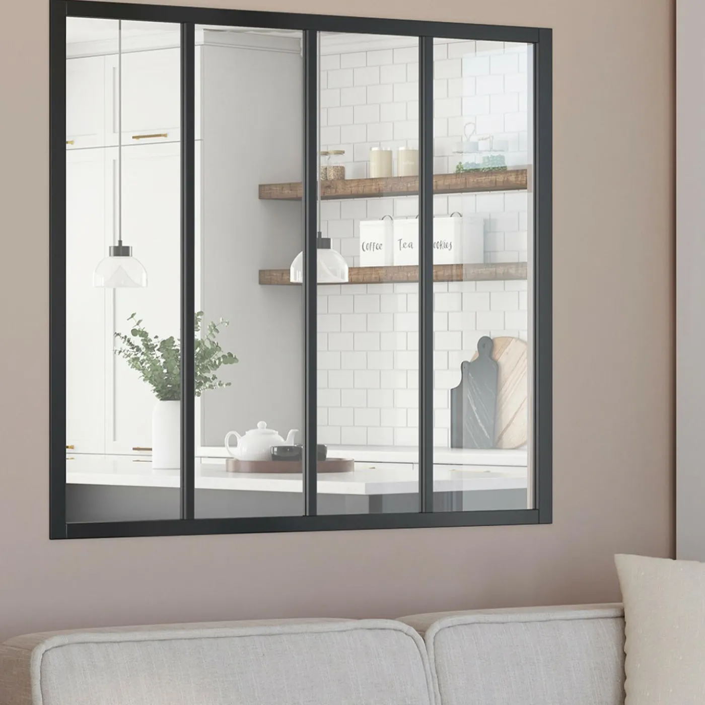 Verrière 4 vitrages L. 120 x H.108 cm en métal noir et verre trempé
