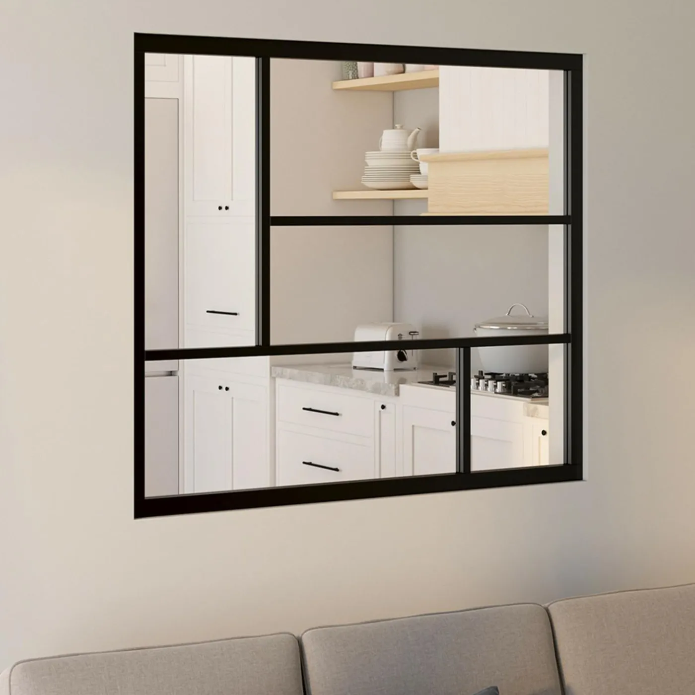 Verrière géométrique L. 93 x H. 108 cm en métal noir et verre trempé