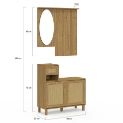 Vestiaire d'entrée avec miroir, placard à chaussure et rangements en bois effet naturel cannage