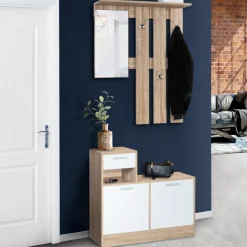 Vestiaire d’entrée avec miroir, porte-manteaux et range-chaussures en lot