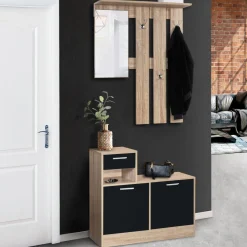 Vestiaire d'entrée avec miroir, porte-manteaux et range-chaussures