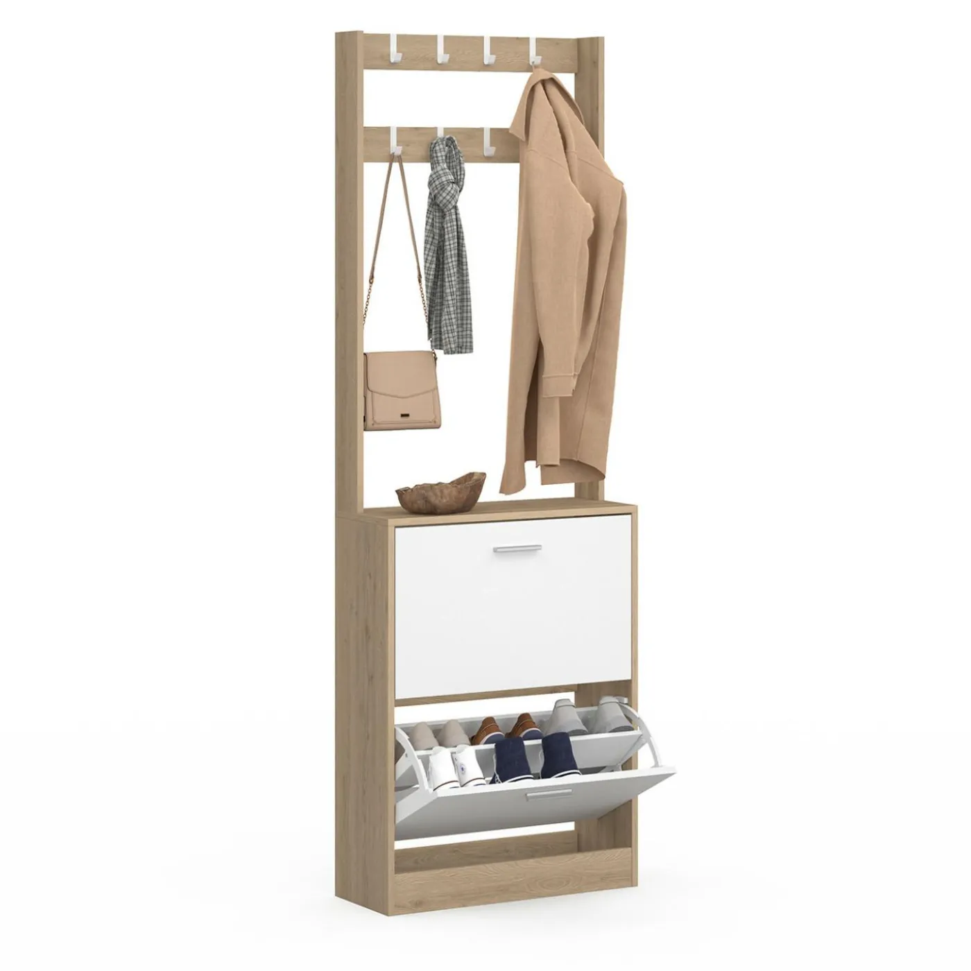 Vestiaire d'entrée meuble chaussures 2 portes effet bois et blanc