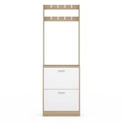 Vestiaire d'entrée meuble chaussures 2 portes effet bois et blanc
