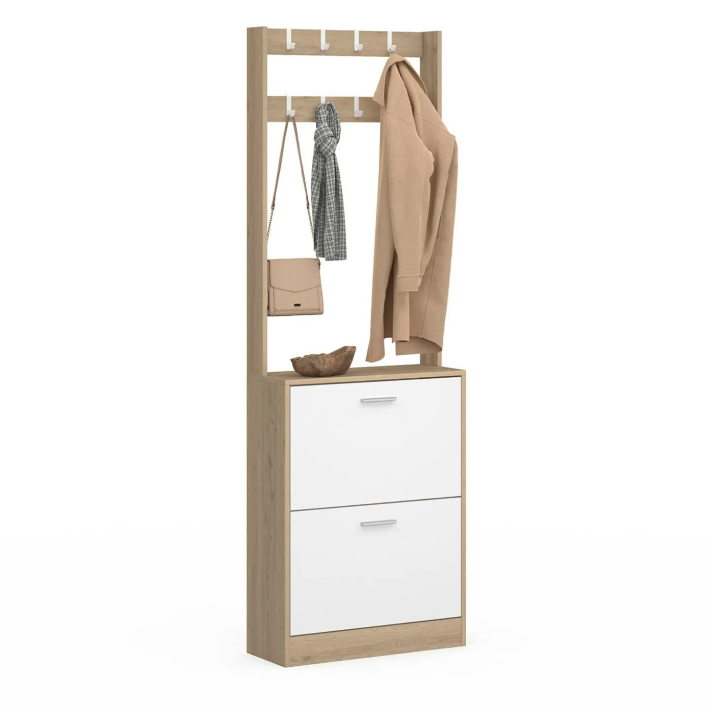 Vestiaire d'entrée meuble chaussures 2 portes effet bois et blanc