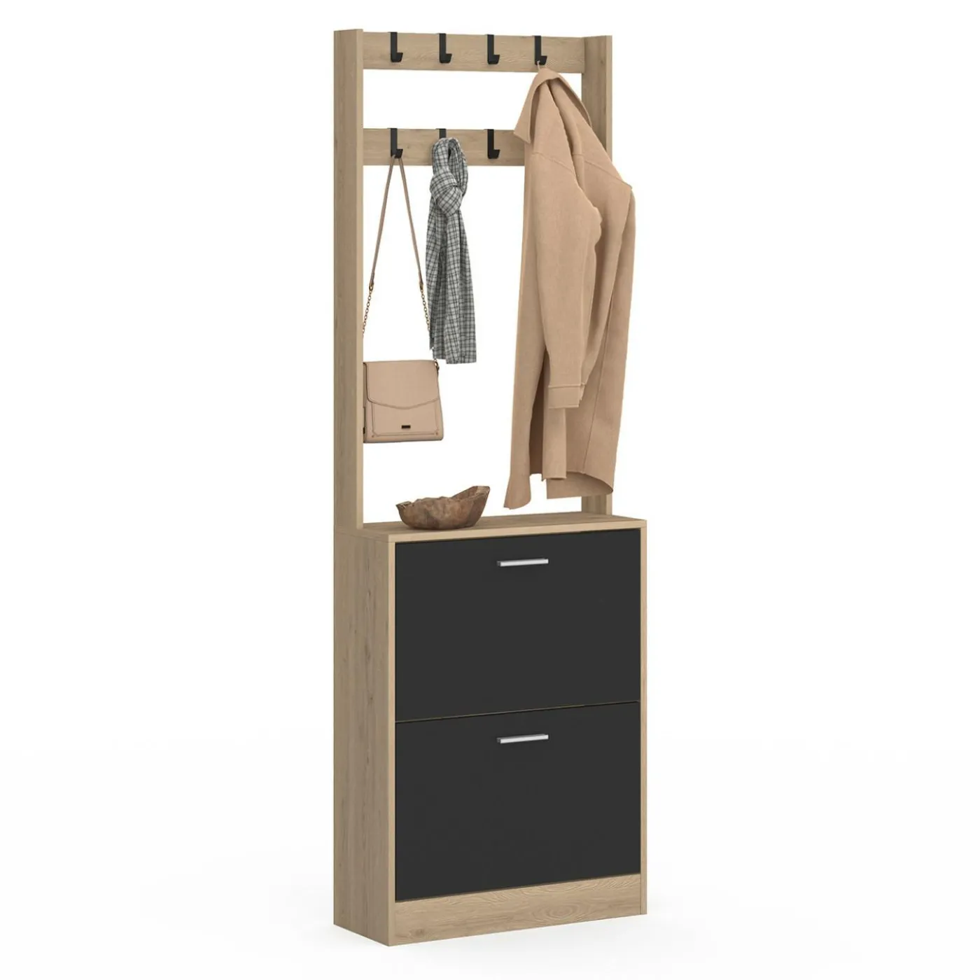 Vestiaire d'entrée meuble chaussures 2 portes effet bois et noir