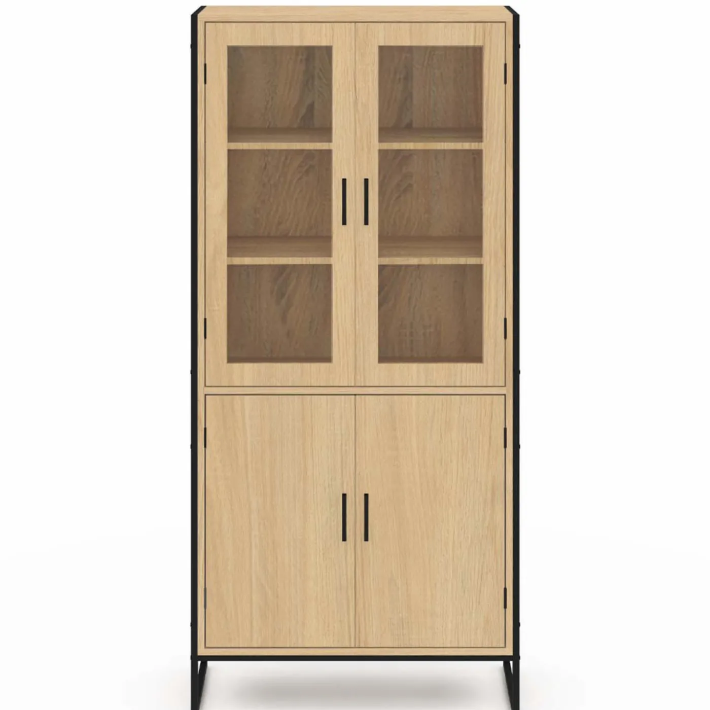 Vitrine buffet haut industriel 176 cm avec portes et étagères